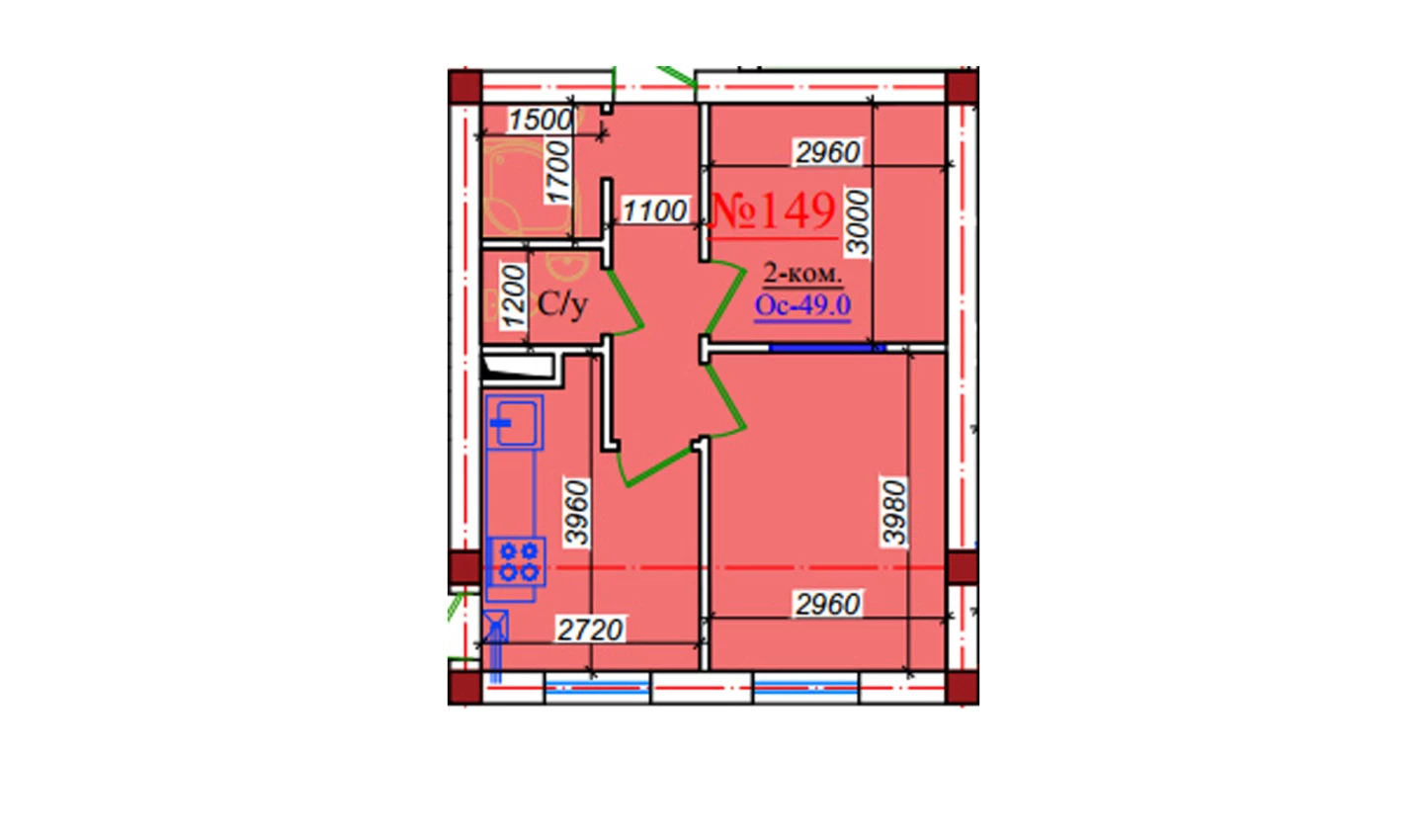 2-комнатная квартира 49 м²  4/4 этаж