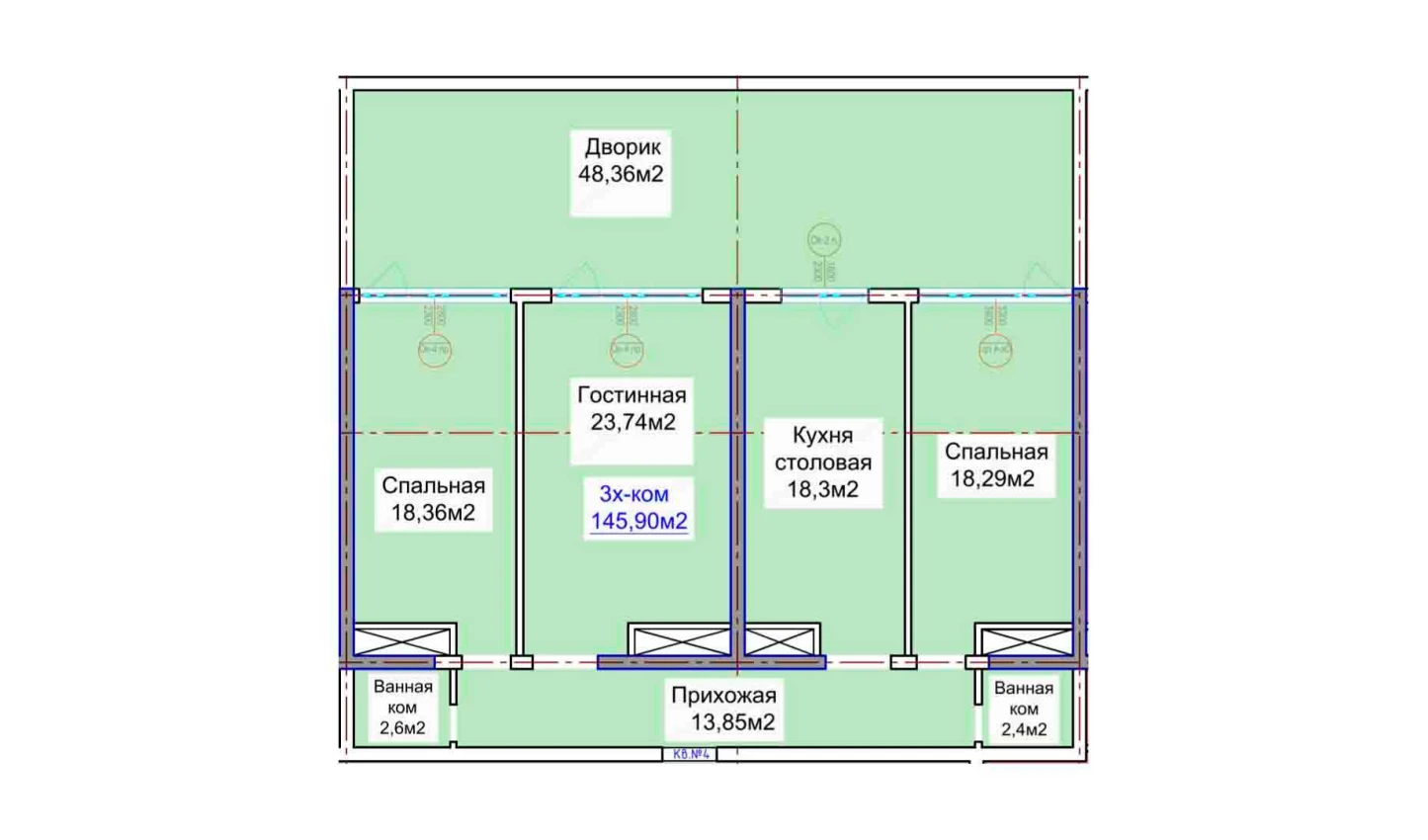 3-комнатная квартира 145.9 м²  2/2 этаж