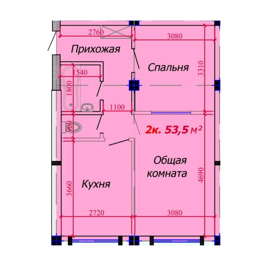 2-xonali xonadon 53.5 m²  1/9 qavat | VATAN Turar-joy majmuasi