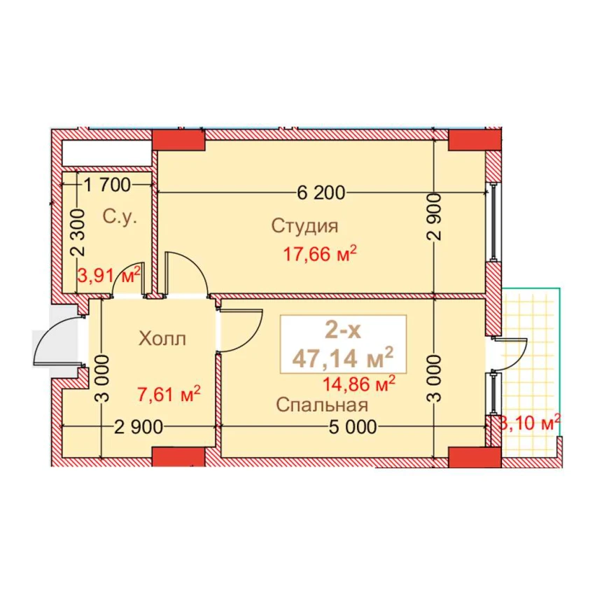 2-xonali xonadon 47.14 m²  8/8 qavat