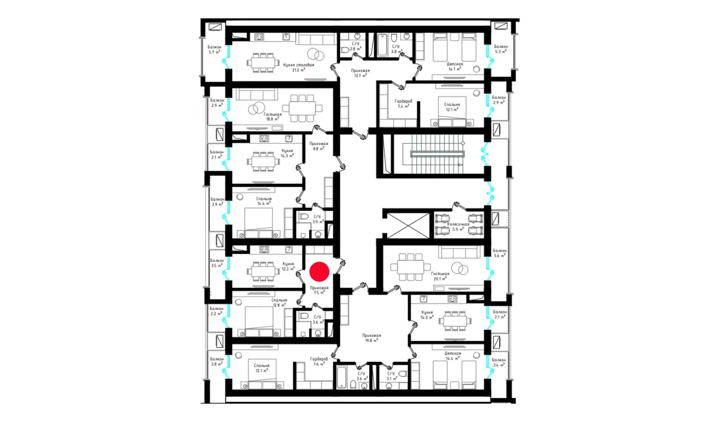 1-xonali xonadon 41.8 m²  7/7 qavat