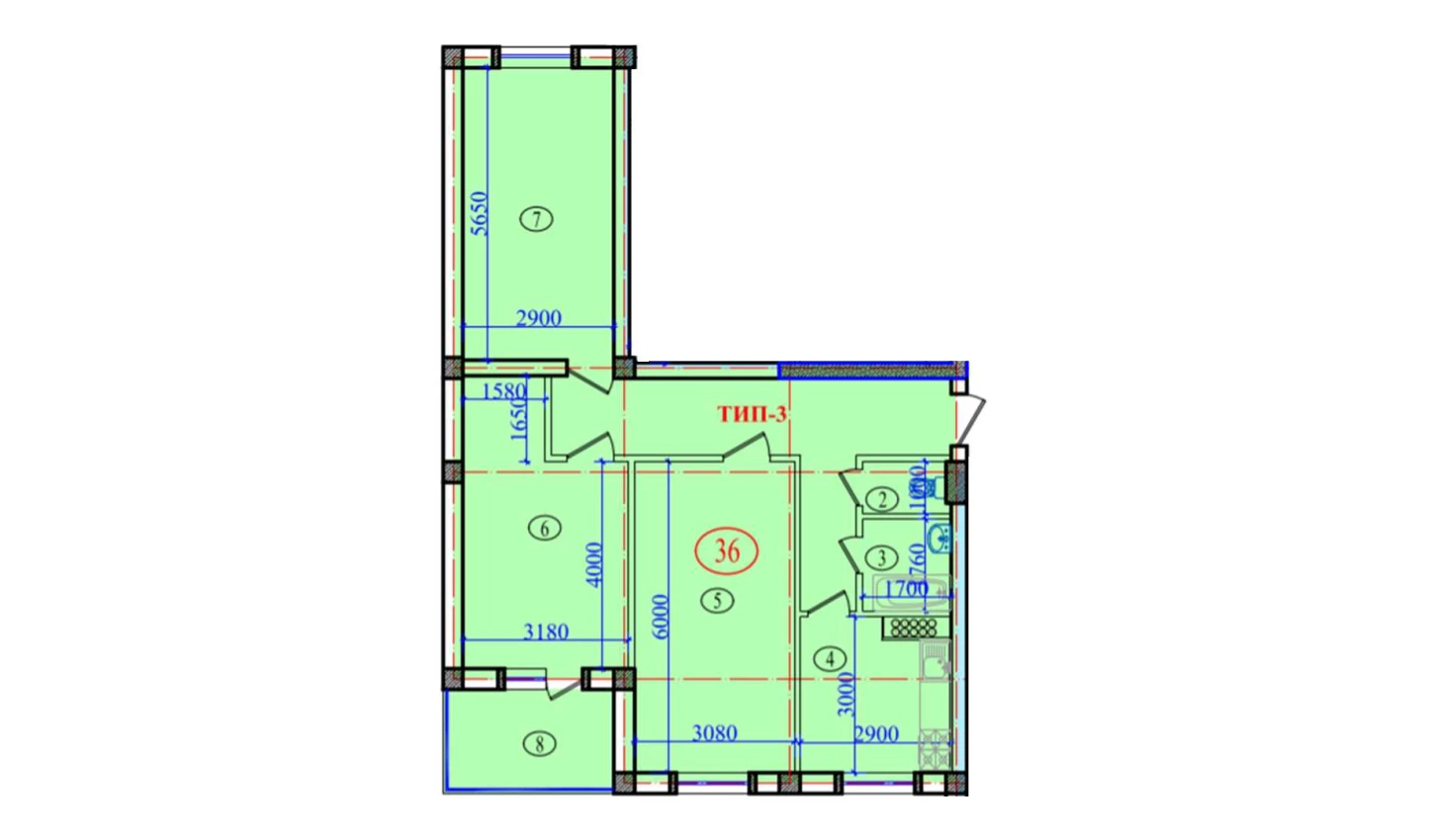 3-xonali xonadon 97.4 m²  8/8 qavat