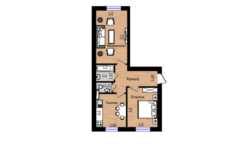 2-xonali xonadon 55.82 m²  1/5 qavat | QIZILTEPA Turar-joy majmuasi