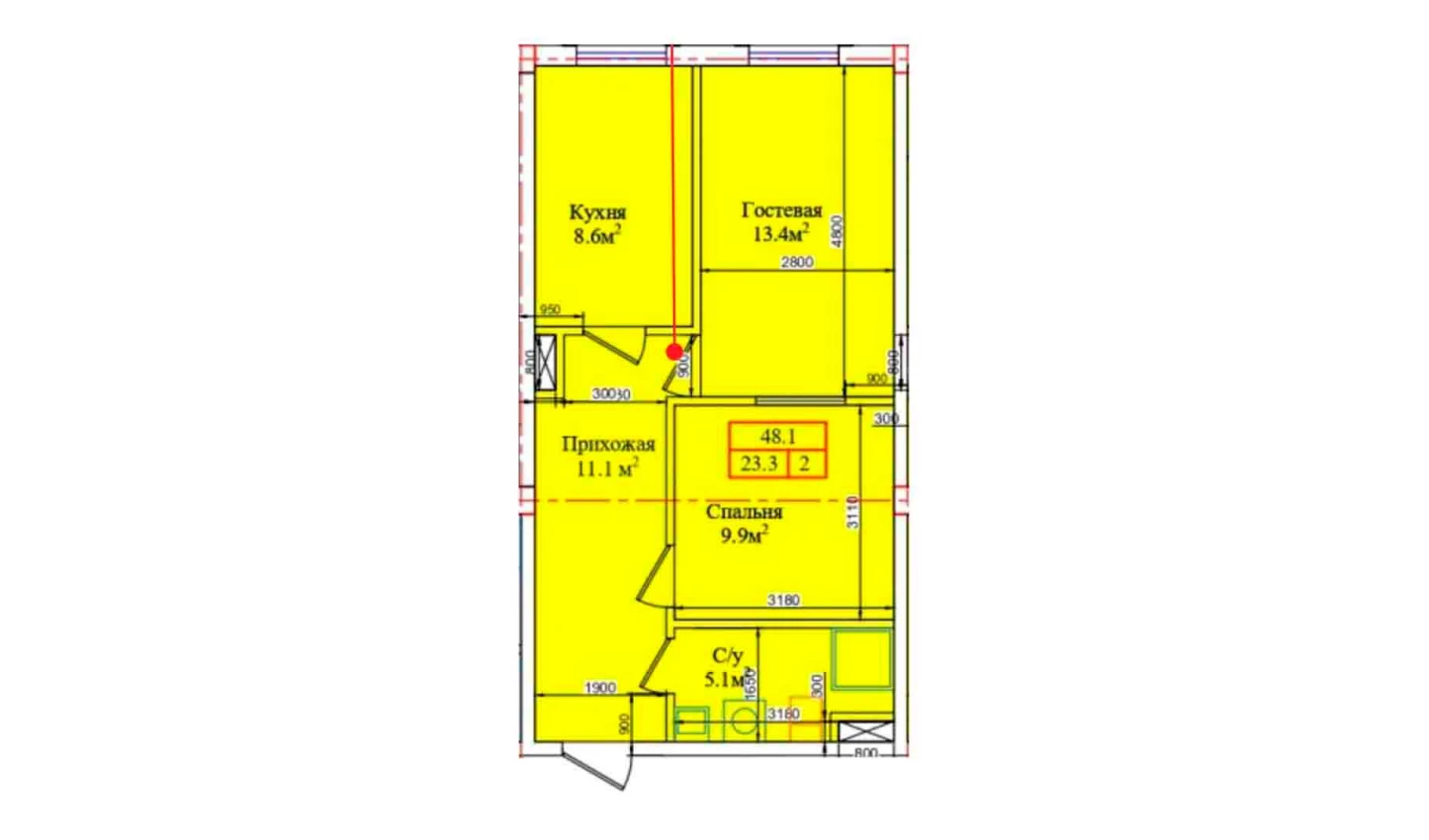 1-xonali xonadon 41.8 m²  1/1 qavat