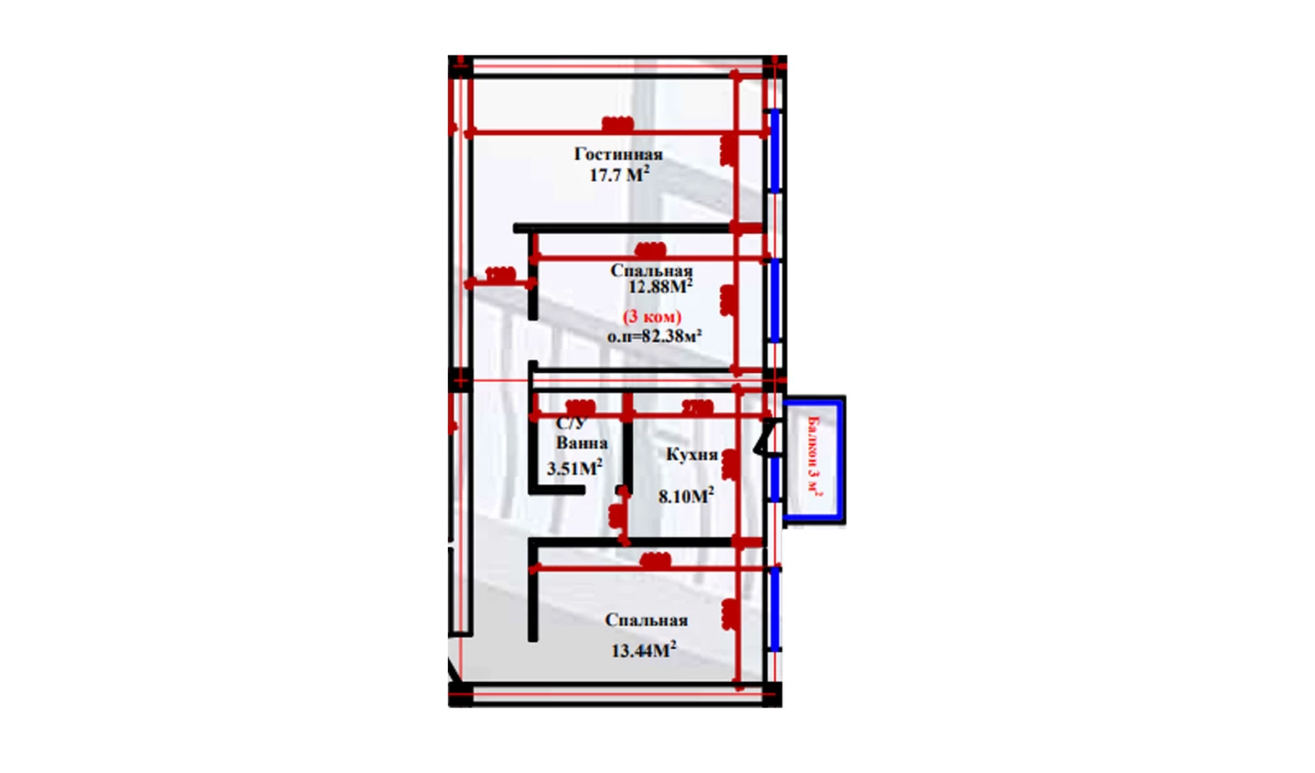 3-xonali xonadon 82.38 m²  1/1 qavat