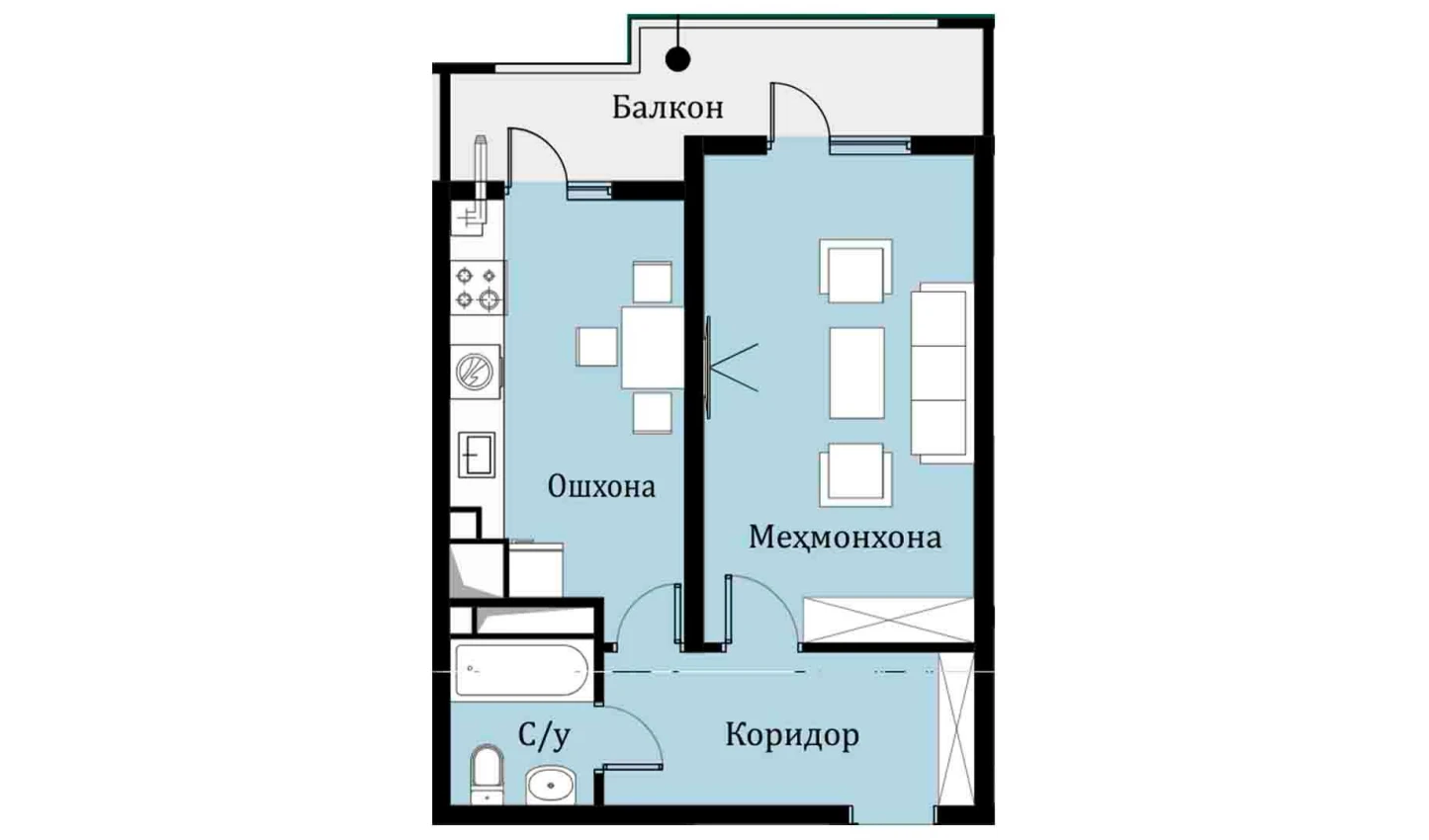 1-xonali xonadon 40.75 m²  14/16 qavat | SOKIN DIYOR Turar-joy majmuasi