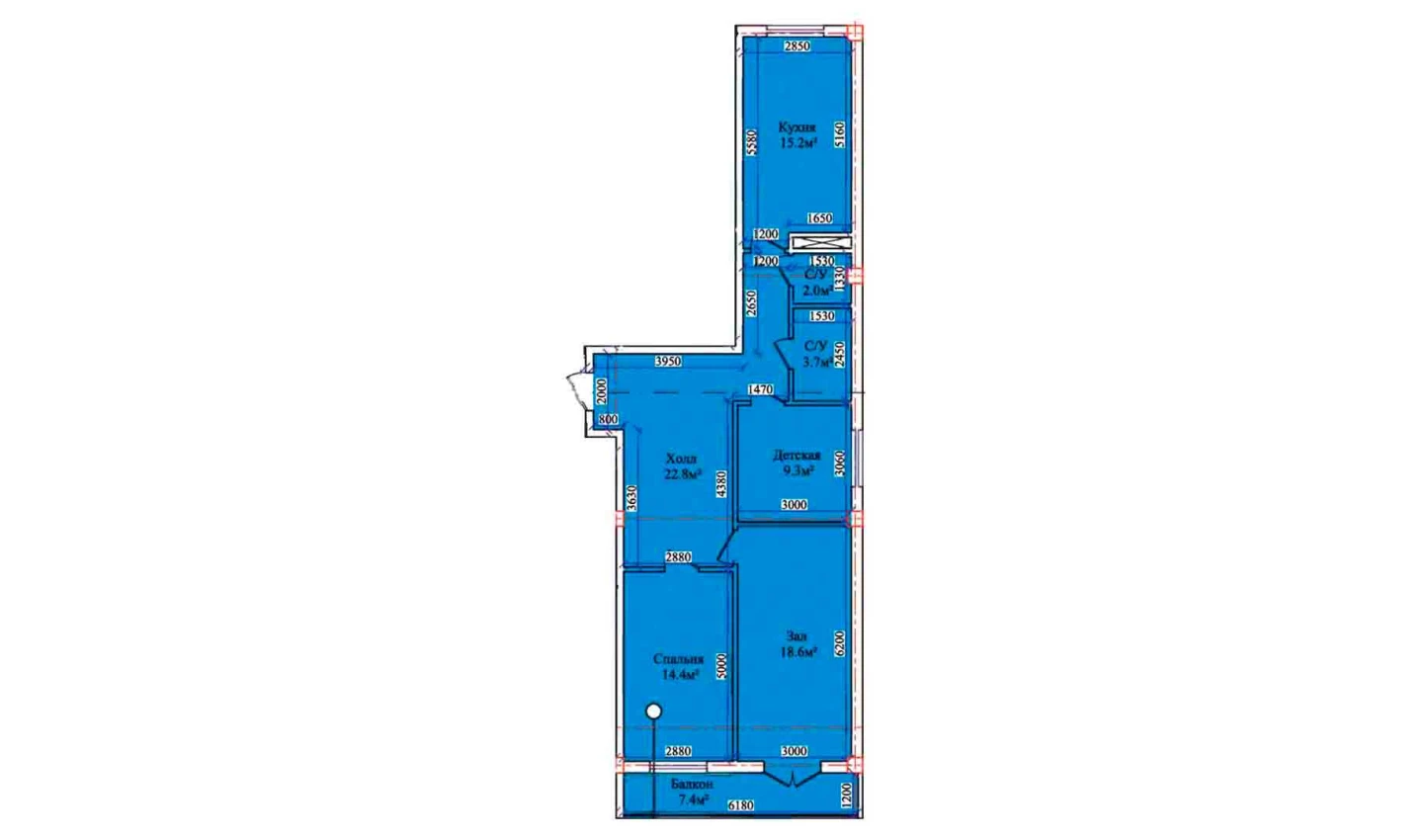 3-комнатная квартира 88.9 м²  1/1 этаж