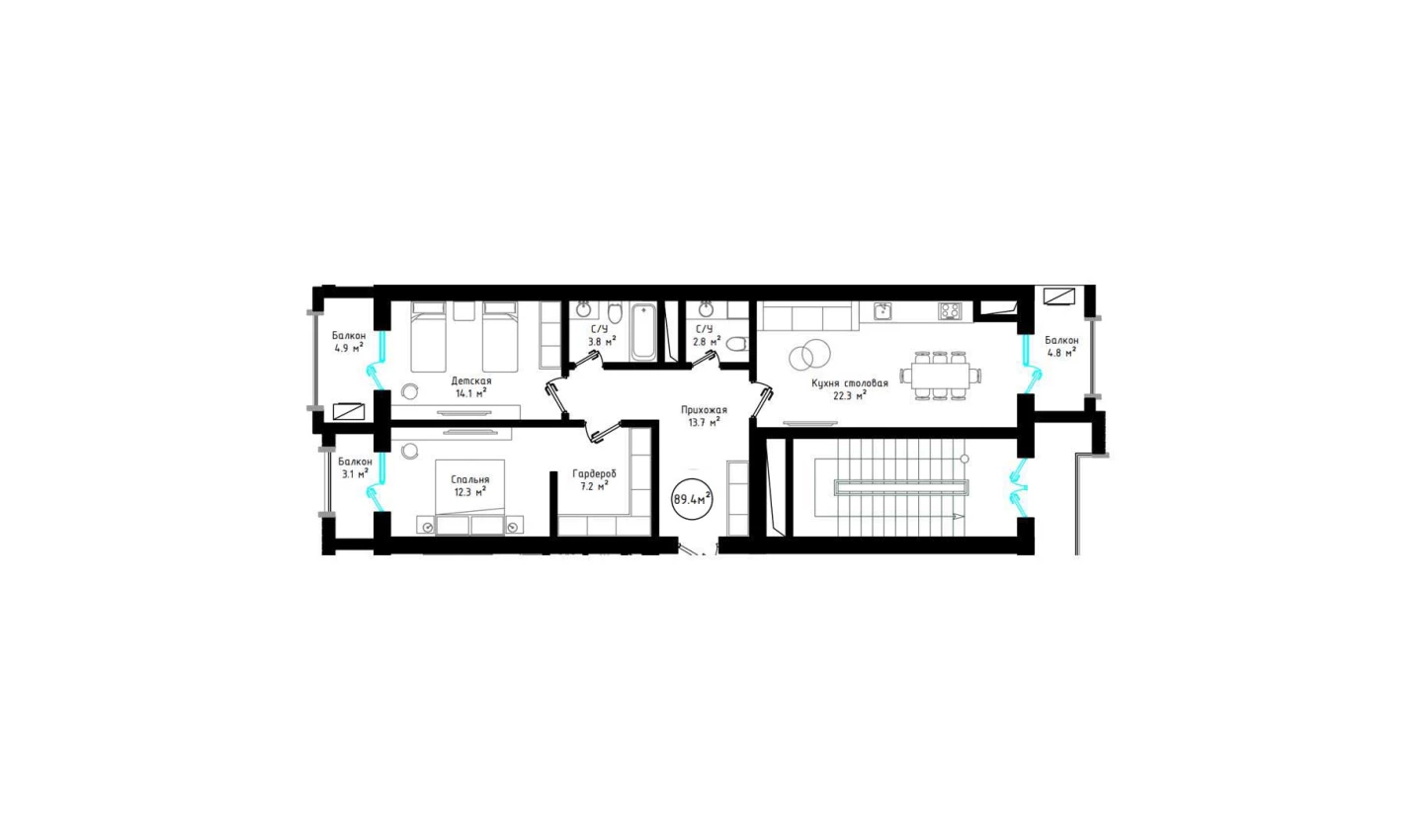 2-комнатная квартира 89.4 м²  6/6 этаж