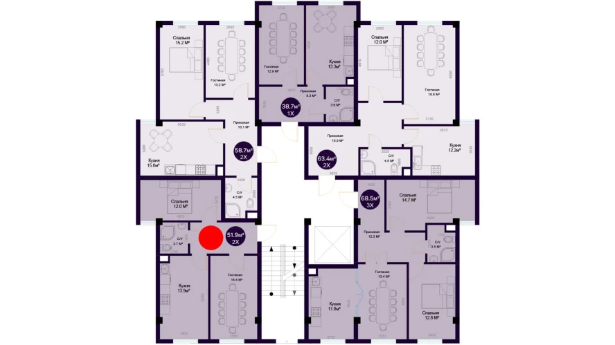 2-комнатная квартира 51.9 м²  1/1 этаж