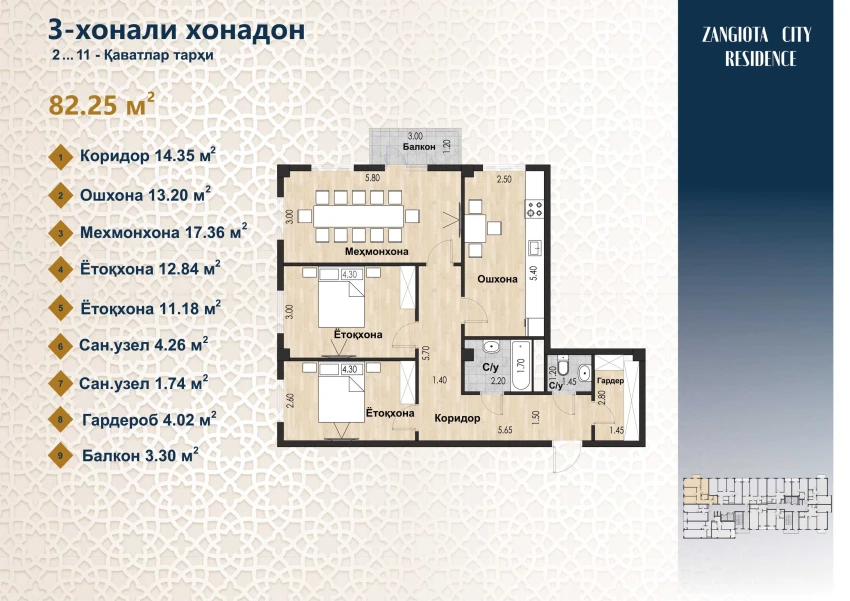 3-комнатная квартира 82.25 м²  7/7 этаж