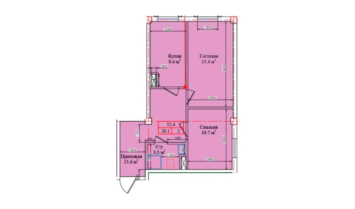 2-комнатная квартира 52.6 м²  1/1 этаж