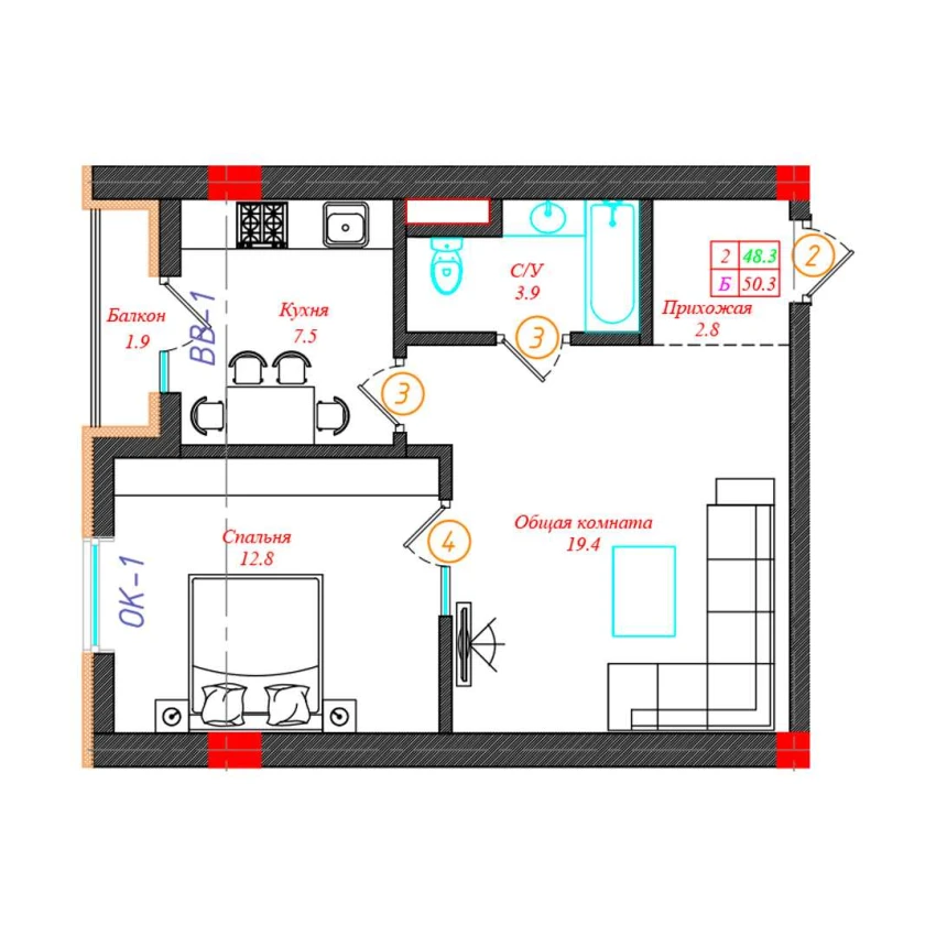 2-комн. квартира 50.3 м²  7/12 этаж | Жилой комплекс CHINARA PARK