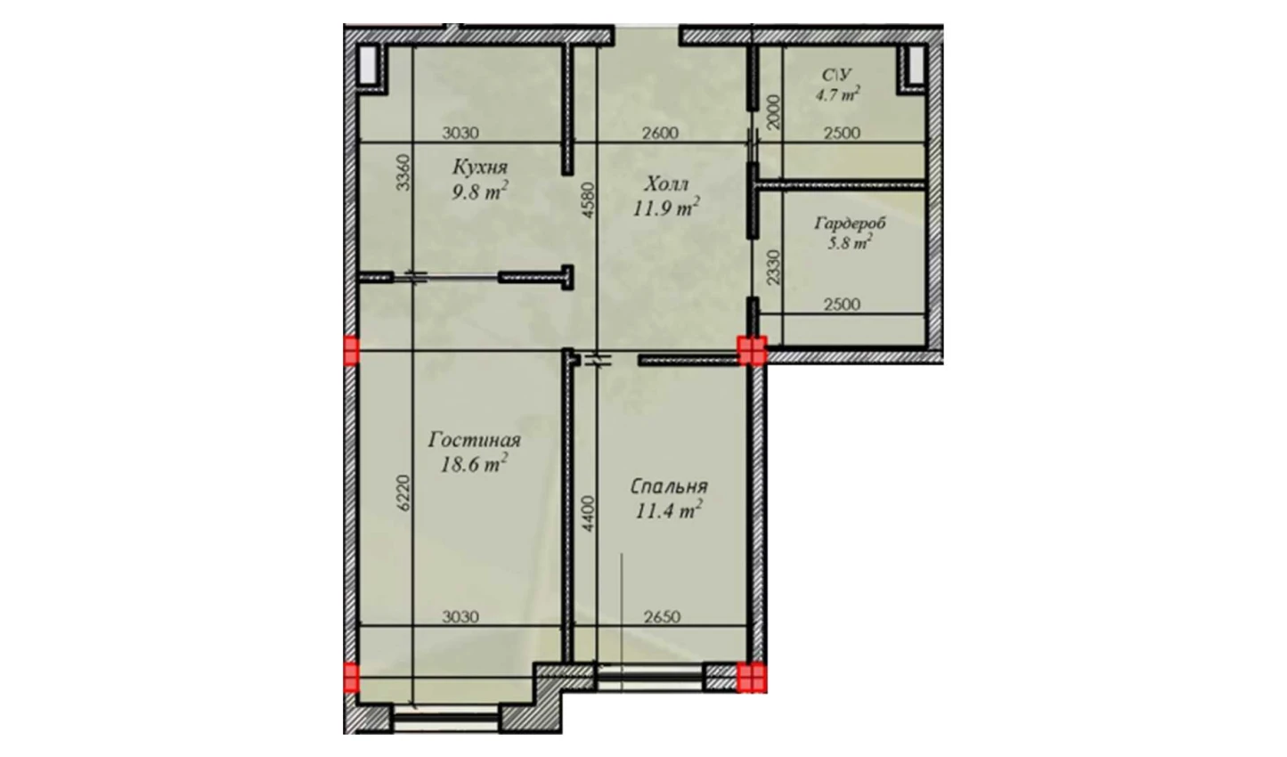 2-комнатная квартира 62.2 м²  3/3 этаж