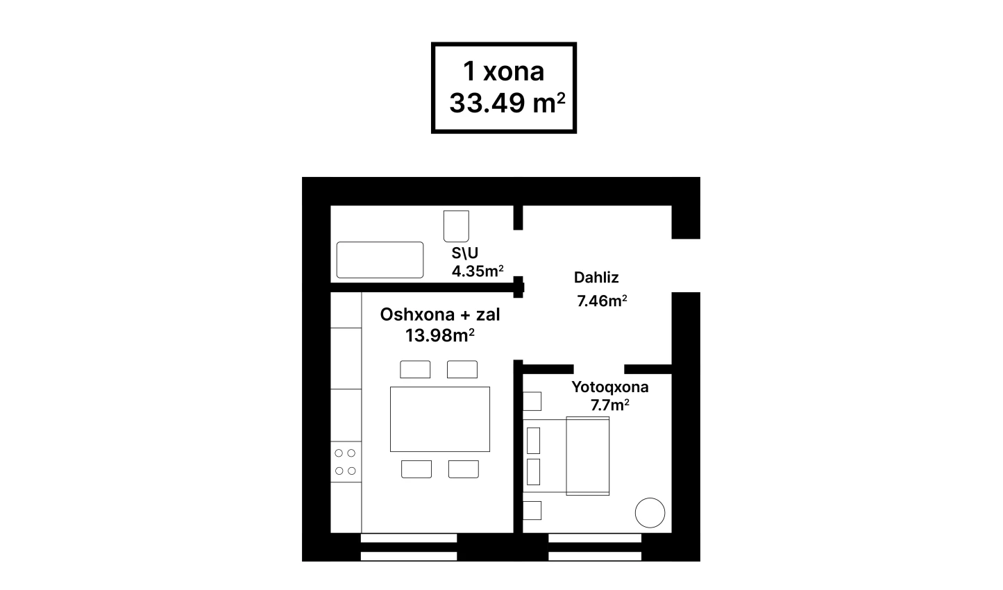 1-комн. квартира 33.49 м²  1/1 этаж