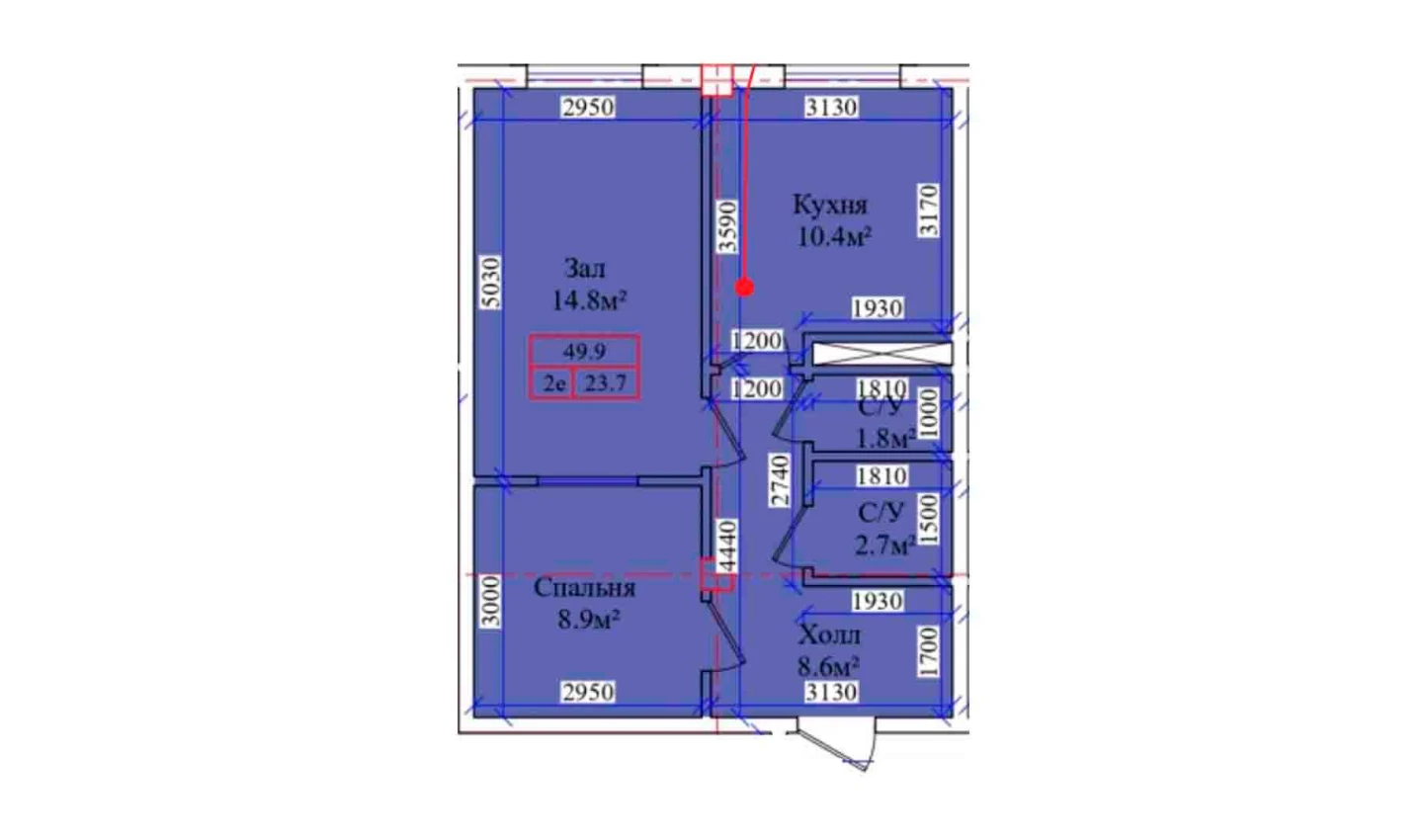 2-комнатная квартира 49.9 м²  1/1 этаж