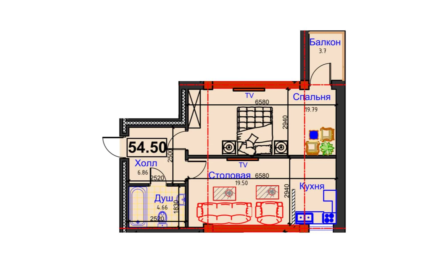 1-комнатная квартира 54.5 м²  10/10 этаж