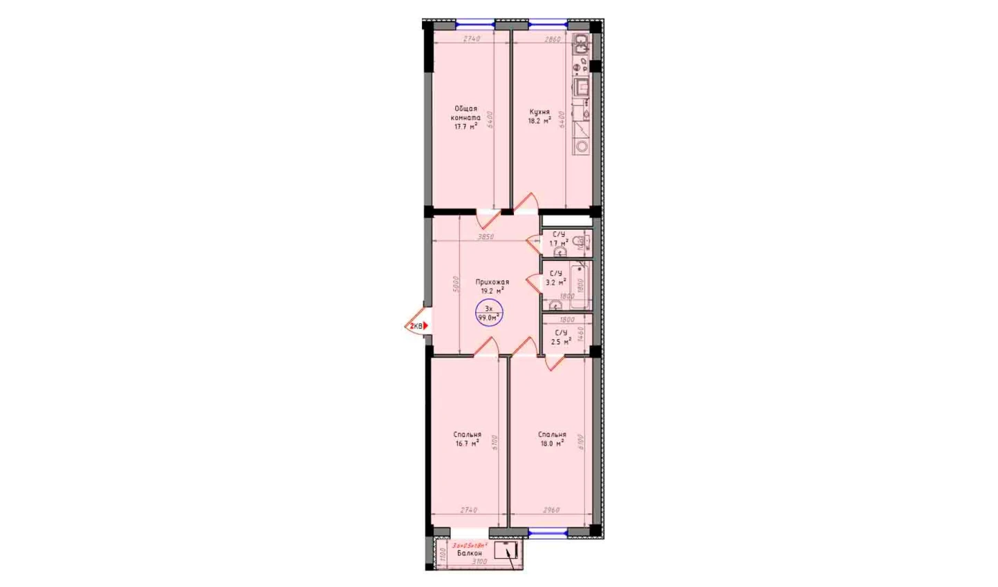 3-комнатная квартира 99 м²  4/4 этаж