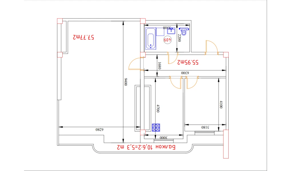 1-комнатная квартира 55.95 м²  13/13 этаж