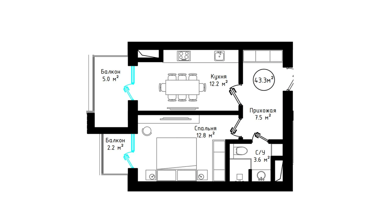 1-комнатная квартира 43.3 м²  6/6 этаж