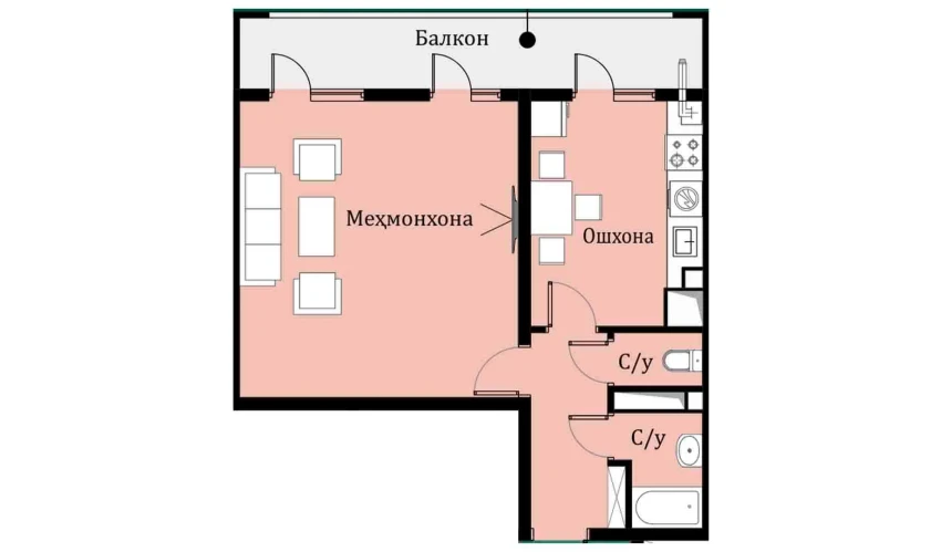 1-xonali xonadon 46.35 m²  11/16 qavat | SOKIN DIYOR Turar-joy majmuasi