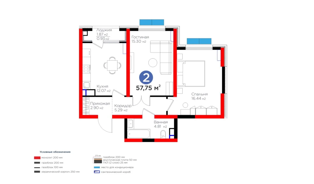 2-комнатная квартира 57.75 м²  5/5 этаж