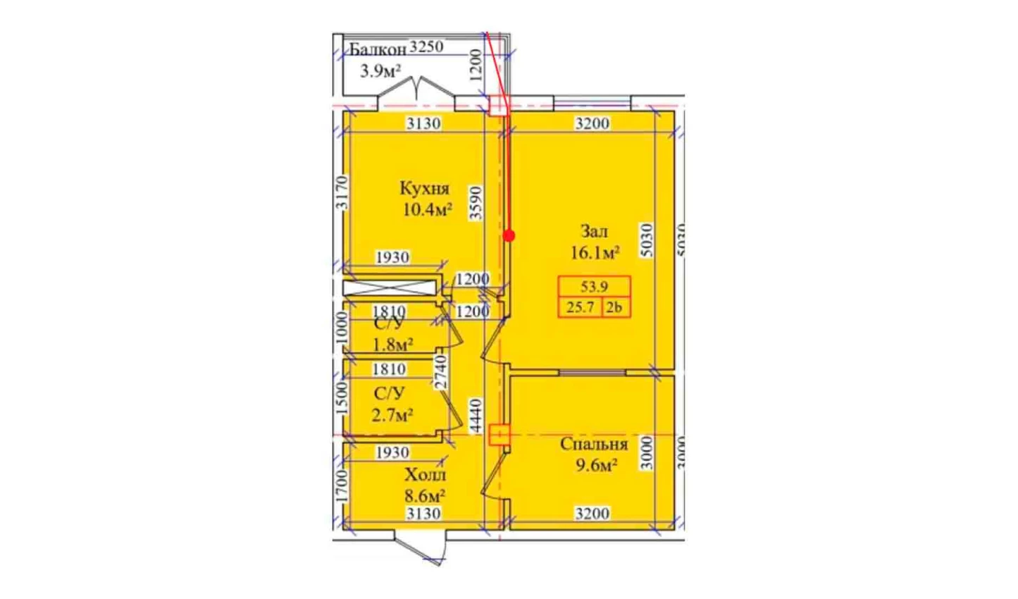 2-комнатная квартира 53.9 м²  8/8 этаж