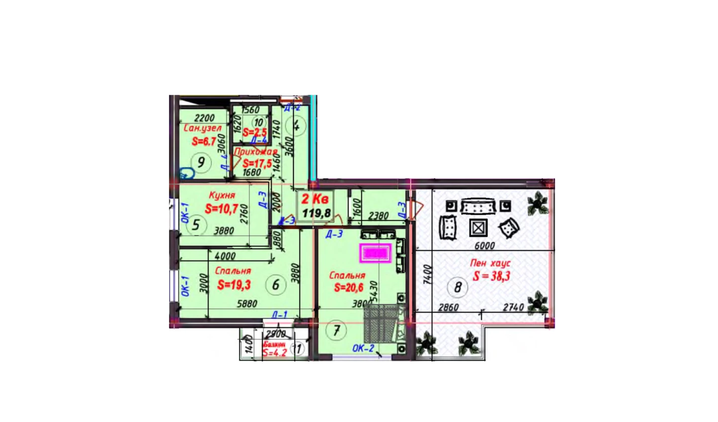 2-комнатная квартира 115.13 м²  7/7 этаж