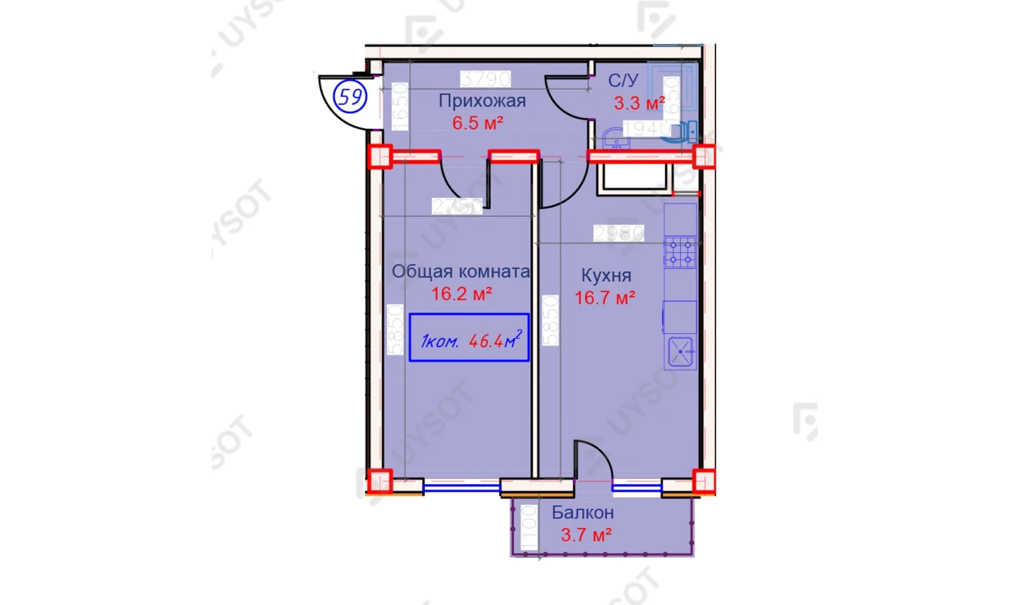 1-xonali xonadon 46.4 m²  2/2 qavat