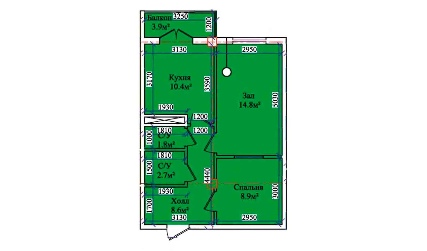 2-комнатная квартира 49.4 м²  1/1 этаж