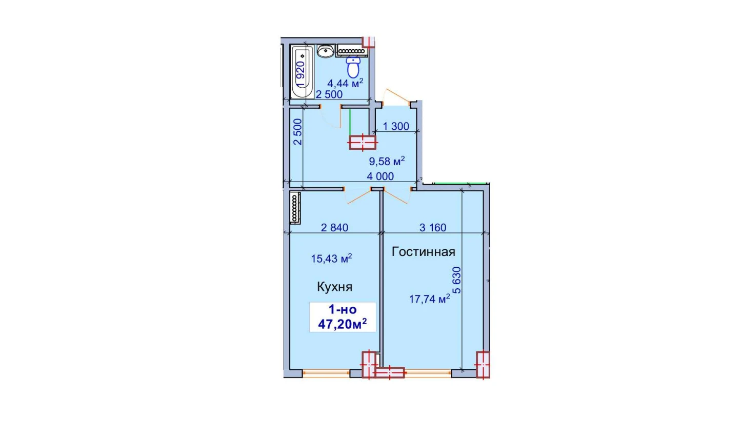 1-комнатная квартира 47.2 м²  1/1 этаж