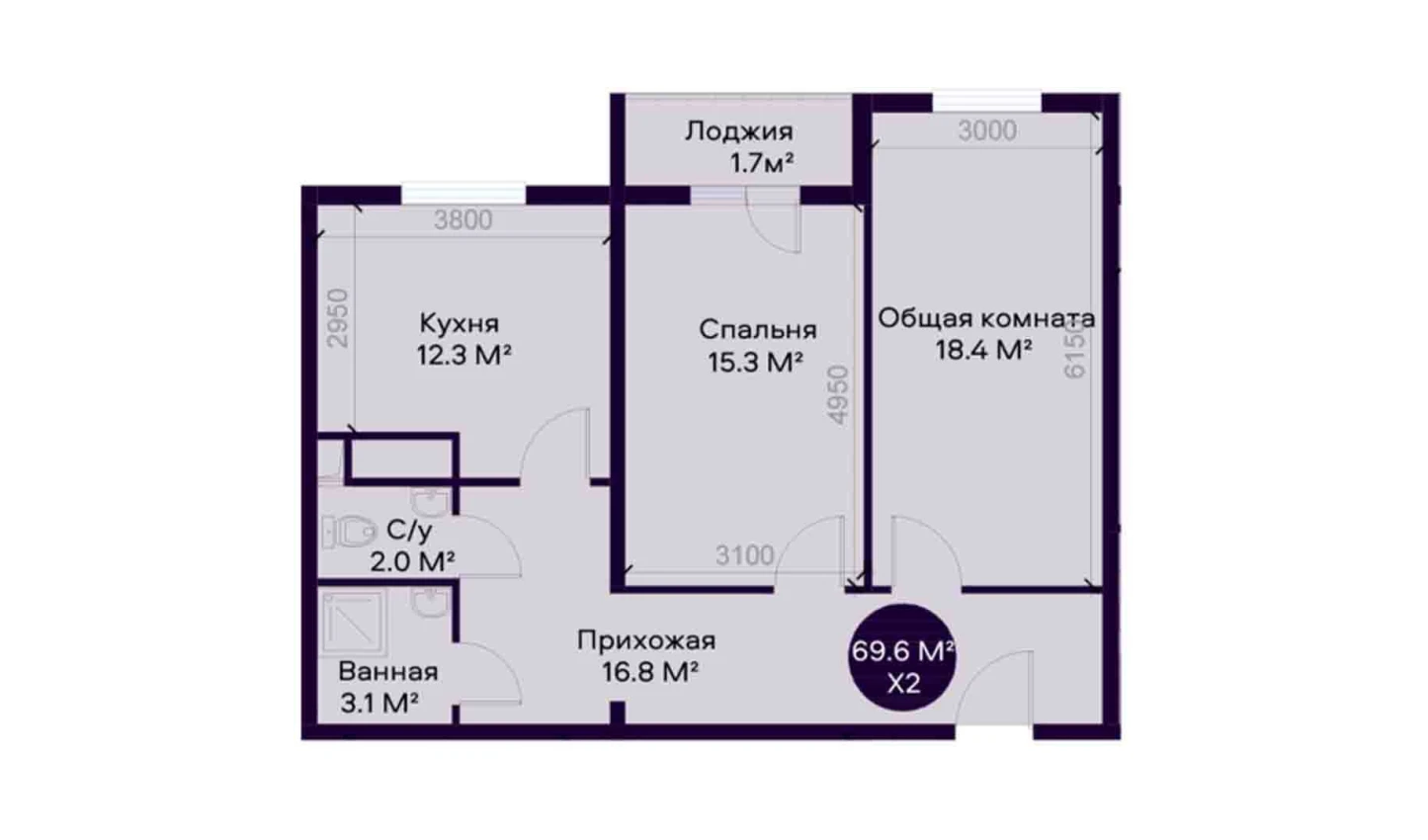 2-комнатная квартира 69.6 м²  4/4 этаж