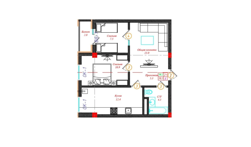 2-xonali xonadon 58.5 m²  3/12 qavat | CHINARA PARK Turar-joy majmuasi