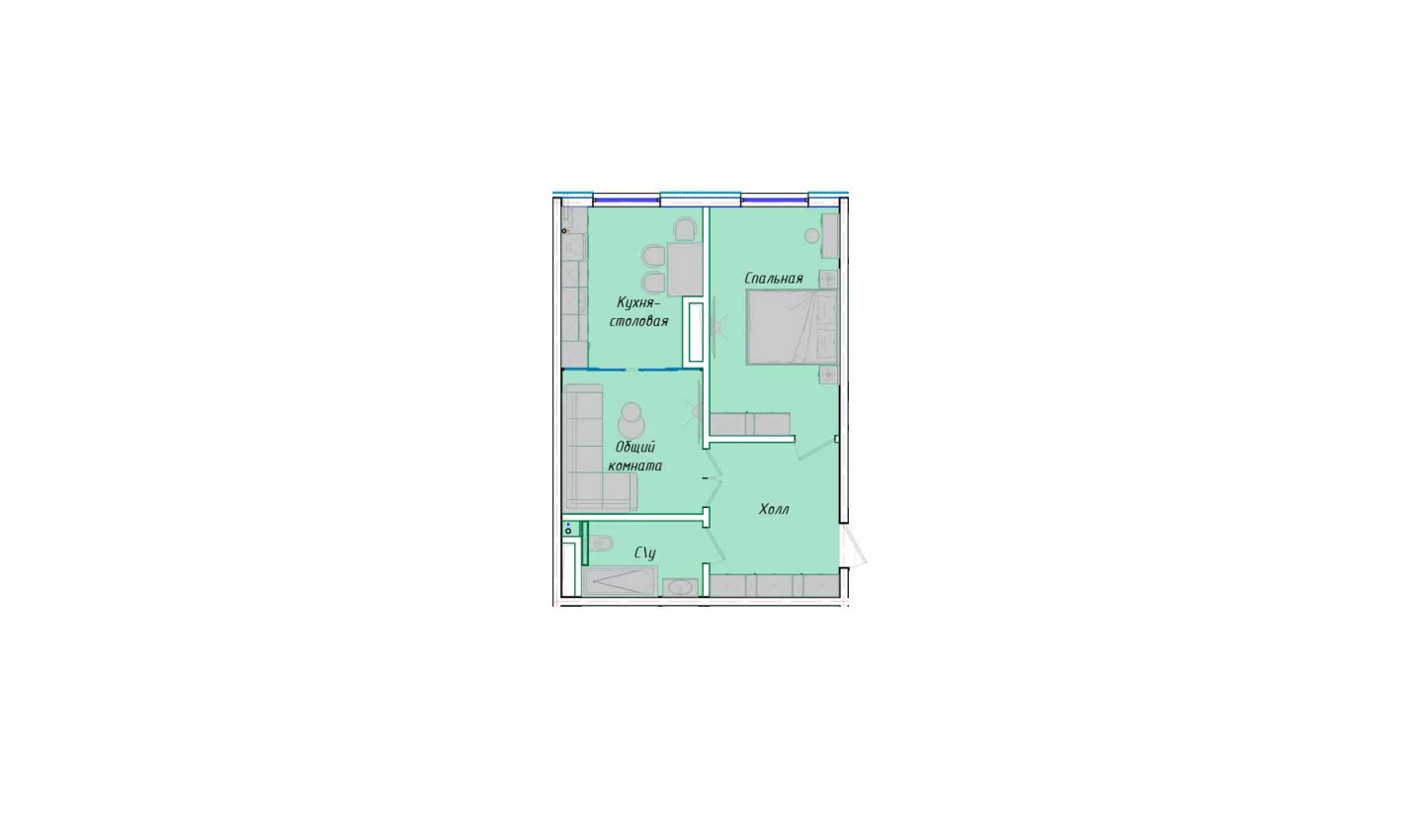 2-комнатная квартира 50.85 м²  1/1 этаж