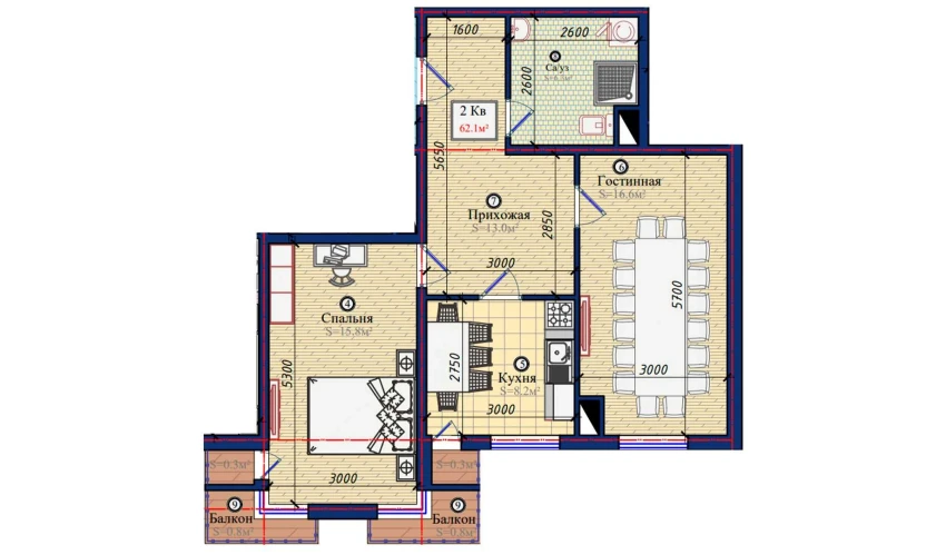 2-xonali xonadon 62.1 m²  4/10 qavat | NURAFSHON Turar-joy majmuasi