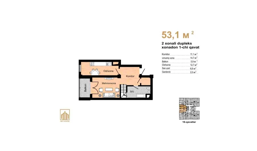 3-xonali xonadon 188.3 m²  16/16 qavat | Musaffo Turar-joy majmuasi