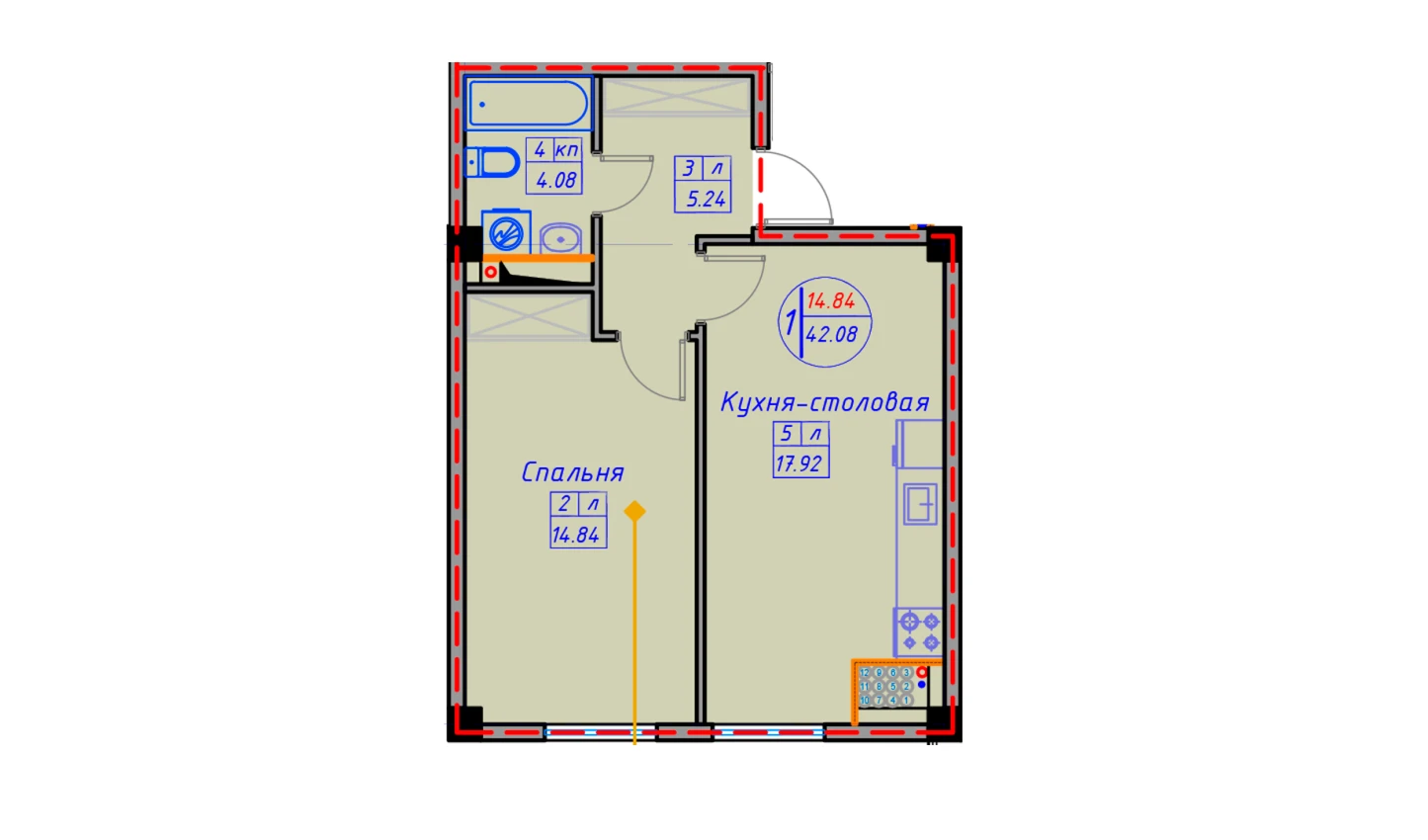 1-комнатная квартира 46.2 м²  1/1 этаж