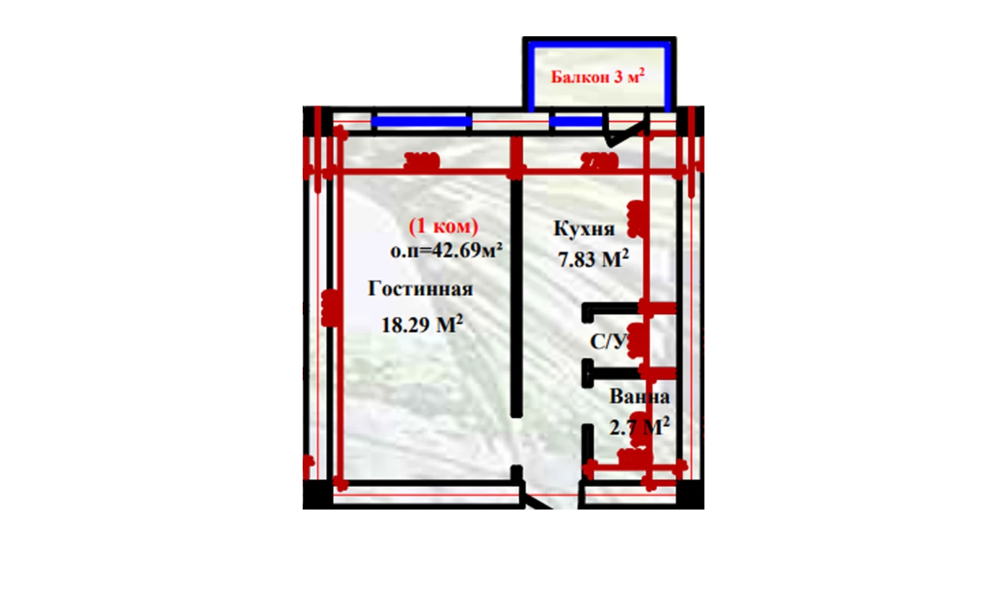 1-xonali xonadon 42.69 m²  1/1 qavat