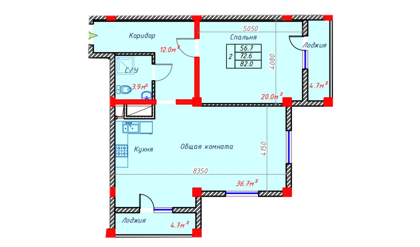 2-комнатная квартира 82 м²  3/3 этаж