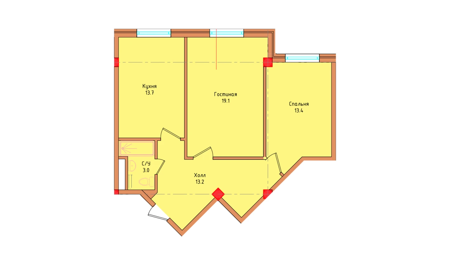 2-комнатная квартира 62.4 м²  1/1 этаж