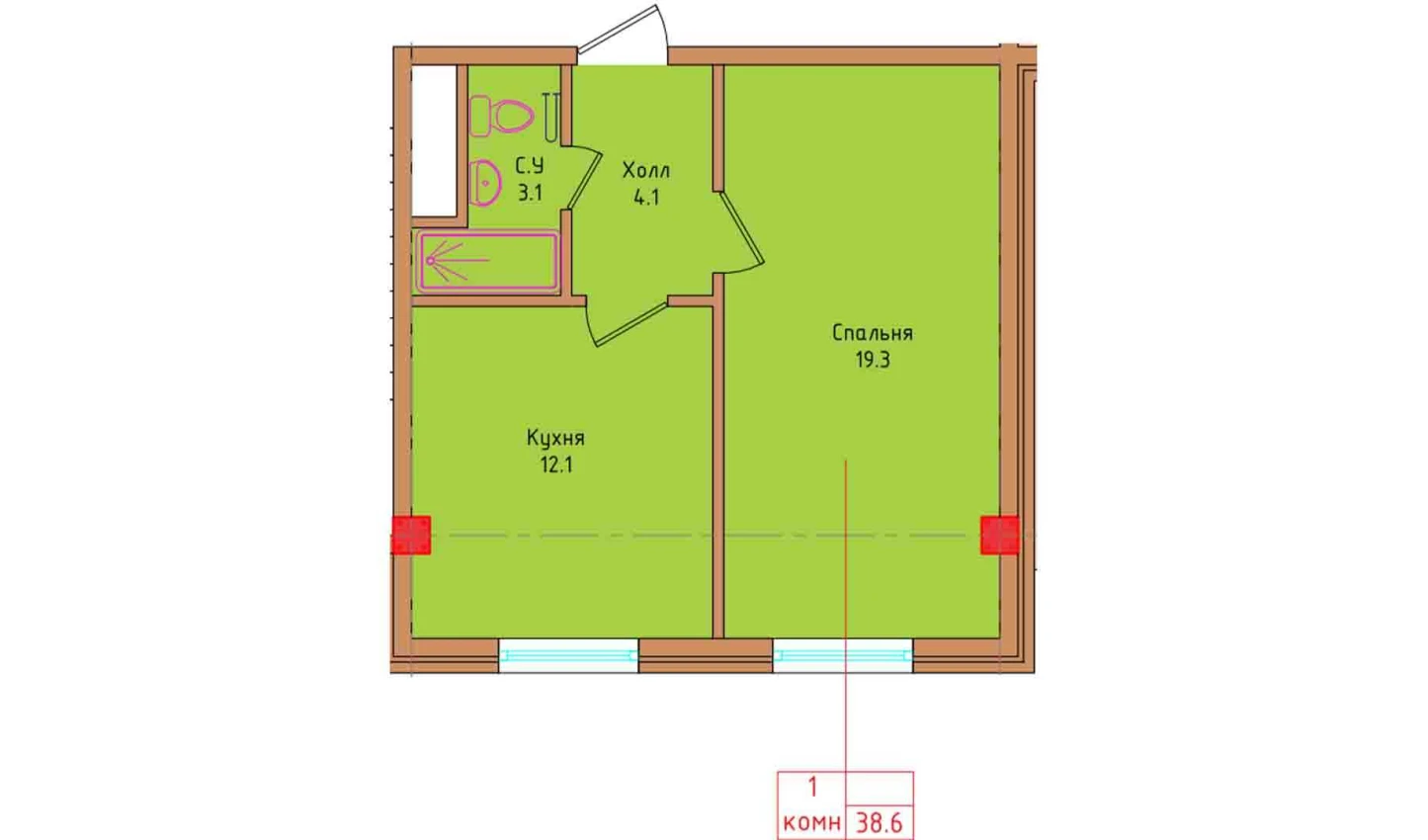 1-комнатная квартира 38.6 м²  8/8 этаж