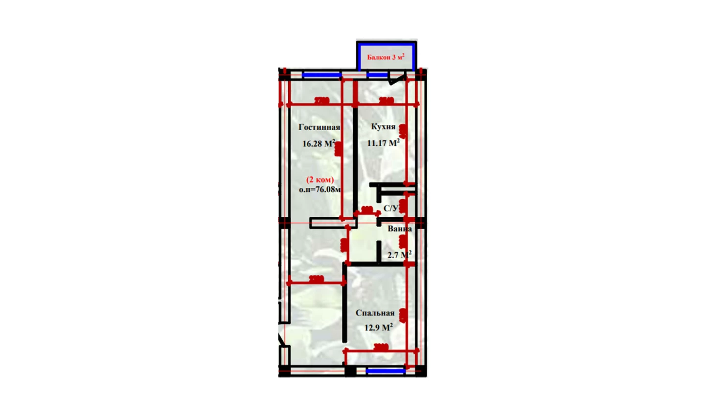 2-xonali xonadon 76.08 m²  2-9/2-9 qavat