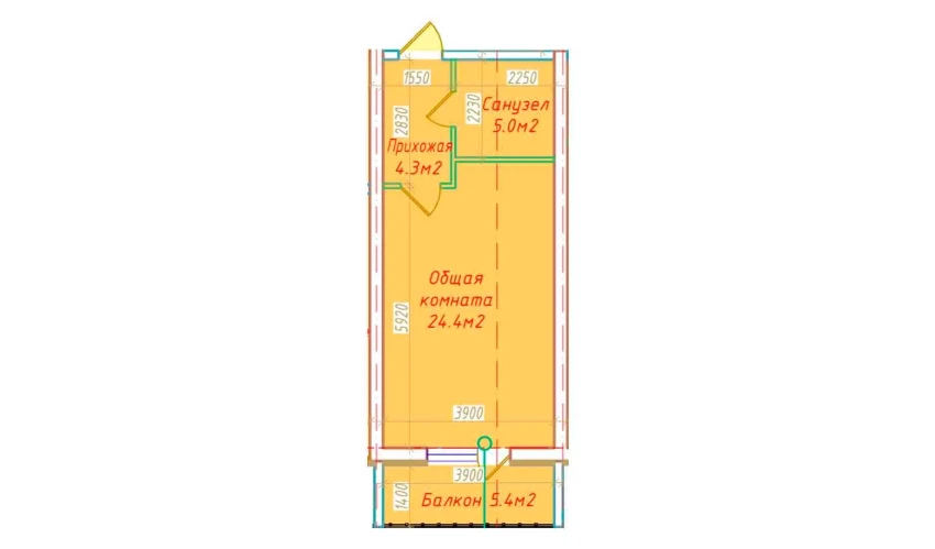 1-xonali xonadon 39.1 m²  5/16 qavat | DO'MBIROBOD RESIDENCE Turar-joy majmuasi