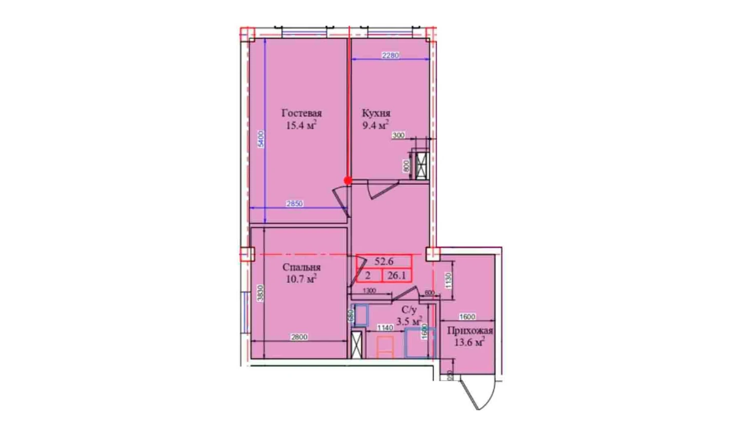 2-комнатная квартира 52.6 м²  1/1 этаж