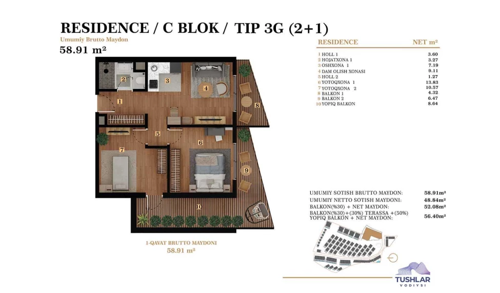 3-xonali xonadon 56.397 m²  2/2 qavat