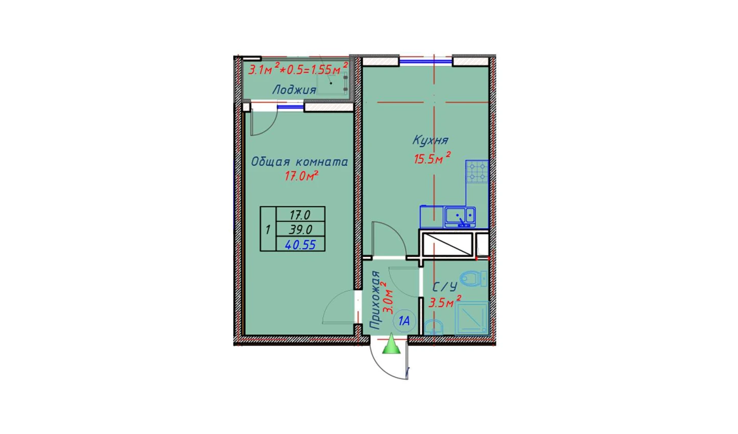 1-xonali xonadon 40.55 m²  11/16 qavat | TRINITY Turar-joy majmuasi