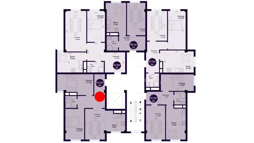 3-комнатная квартира 64.2 м²  7/7 этаж