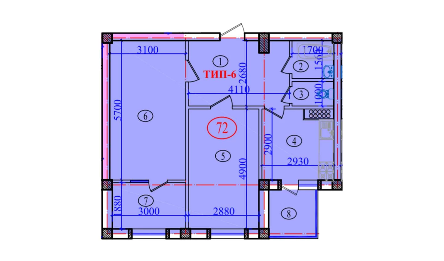 2-xonali xonadon 73.2 m²  6/6 qavat