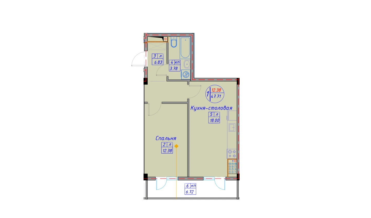 1-xonali xonadon 52.01 m²  2/12 qavat | SPUTNIK AVENUE Turar-joy majmuasi