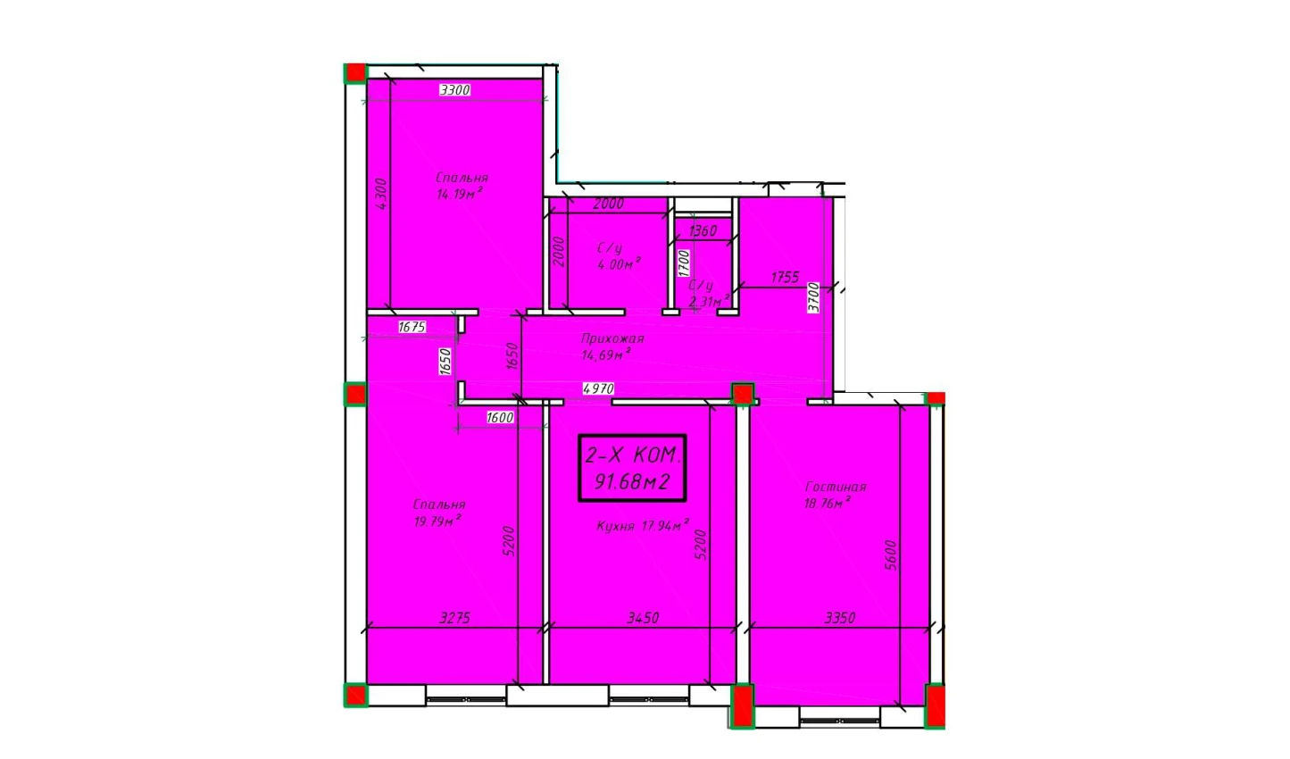 3-комнатная квартира 91.27 м²  4/4 этаж