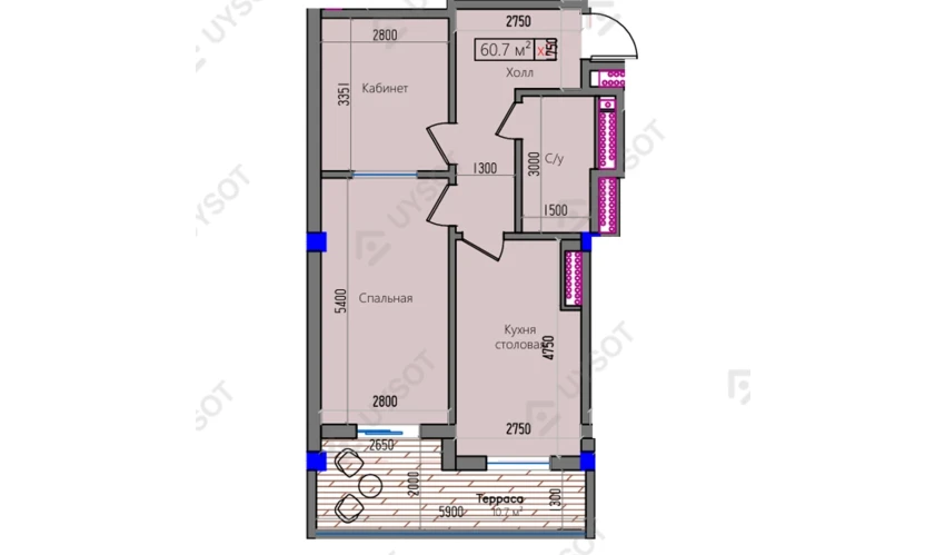 2-xonali xonadon 60.7 m²  2/16 qavat | Park Avenue Turar-joy majmuasi